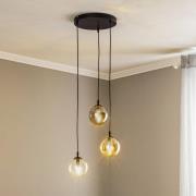 Hængelampe Glassy, 3 lyskilder, rund, grafit/amber/klar, glas