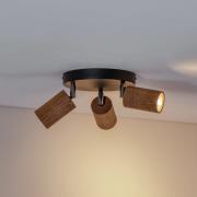 Nise loftlampe, 3 lyskilder, rund, sort stål, træ