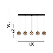LED-hængelampe Alchemy, 5 lyskilder, sort, rav, glas