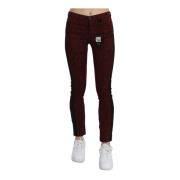 Dark Red Mid Waist Slim Fit Cotton Jeans