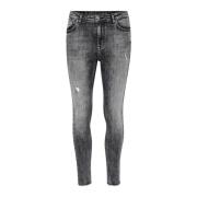 Slim Fit High Rise Grå Jeans med Slidte Detaljer