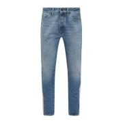 Slim Fit Blå Jeans med Vintage Effekt og Creme/Beige Striber
