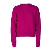 Dame Crew Neck Sweater med knappet ærmedetalje