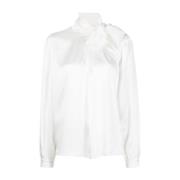Hvid Taffeta Silkeskjorte med Plisseret Detalje