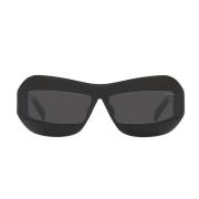 Solbriller med uregelmæssig form i sort med mørkegrå linser