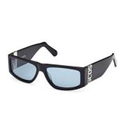 Rektangulære solbriller med sort stel og blå linser