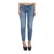 Blå Skinny Jeans med Patchet Logo og Rhinestone Design