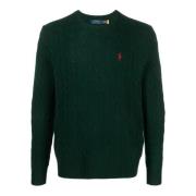 Grøn kabelstrikket sweater med Polo Pony motiv