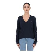 Blå Bomuld V-Hals Sweater til Kvinder