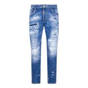 Blå Denim Stretch Jeans med Slidte Detaljer