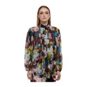 Floral Silk Skjorte med Bue Detalje