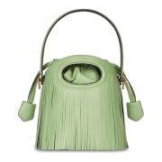 Grøn læder mini bucket taske med frynser