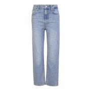 Blå højtaljede cropped jeans med rhinstensudsmykning