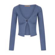 Blå Ribstrikket Cardigan Sweater