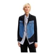 Blå Button-Front Blazer med Lommer