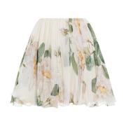 Magnolia Print Silk Skirt White