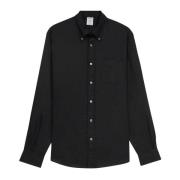 Sort Regular Fit Hør Sport Skjorte med Button Down Krave