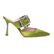 Grøn Satin Spidse Sandaler med Dekorativ Spænde