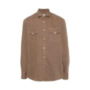 Jordbrun Denim Skjorte med Unikt Yoke Design