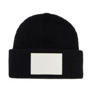 Ribbet uld beanie hat med logo patch