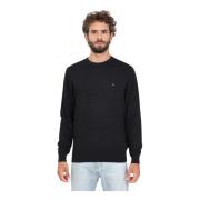 Sort Crew-Neck Sweater med Flag Broderi