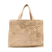 Blomst Applikation Raffia Tote Taske