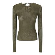 Blomstret Jacquard Mesh Top Oliven