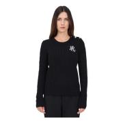 Sort Crew-Neck Sweater med Unikke Dekorative Knapper