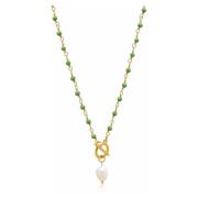 Womens Green CZ Wrap Necklace with Pearl