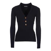 Ribbet viskose sweater med metal knapper