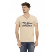 Beige V-hals T-shirt med Elegant Frontprint