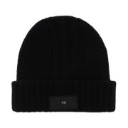 Ribbet uld beanie hat med logo patch