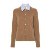 Strikket Beige Sweater med Poplin Krave