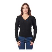 Sort V-hals sweater med broderet front