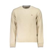 Beige Broderet Sweater med Rund Hals