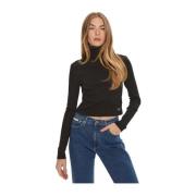 Ribbet kort turtleneck top - Sort