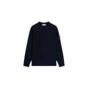 Blå Lammeuld Crewneck Sweater med Ribbed Detaljer