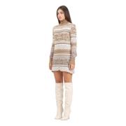 Beige Jacquard Strik Kort Kjole