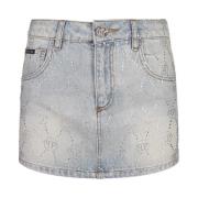 Blå Rhinestone Mini Denim Nederdel