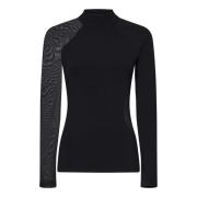 Sort Ribbet Turtleneck med Mesh Indsætninger