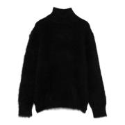 Sort Mohair Sweater Strikket Børstet Ribbet