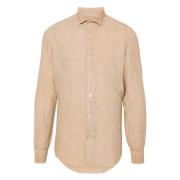 Casual Beige Linned Skjorte med Lange Ærmer