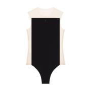 Paneleret Beige/Sort Bodysuit med Broderet Logo