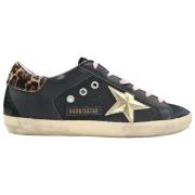 Sort Superstar Sneakers med 3D Guld Stjerne og Leopard Print