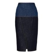 To-farvet denim midi nederdel