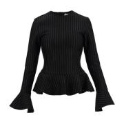 Pinstripe Peplum Top med Flæserærmer