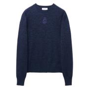 Blå Crew Neck Sweater med Skull Broderi