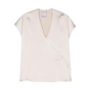 Creme Satinbluse med Dyb V-hals