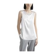 Blank silke satin top med Punto Luce trim