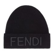 Sort Uld Beanie Hat Broderet